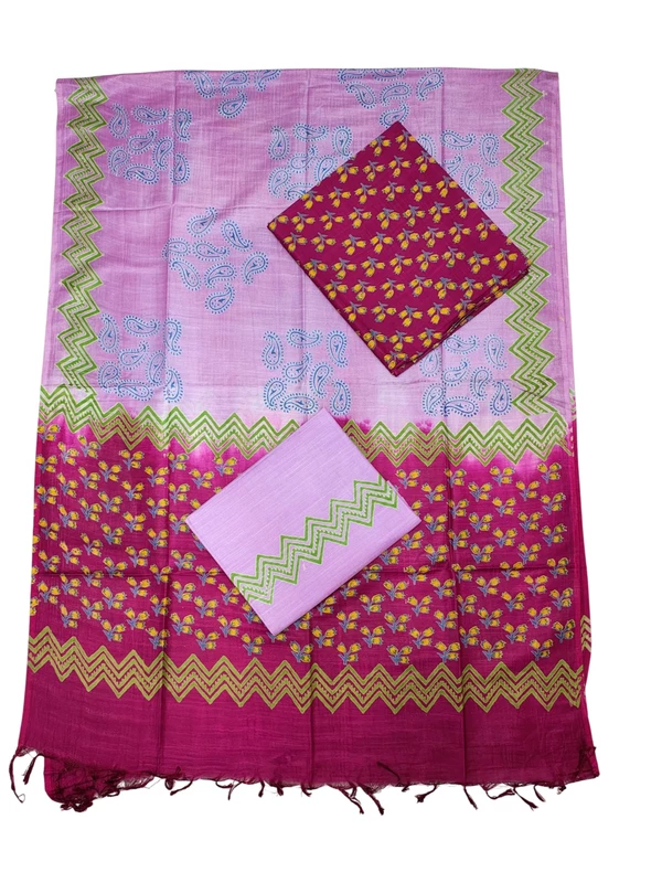 Dark Pink block print katan silk unstitched salwar suit set
