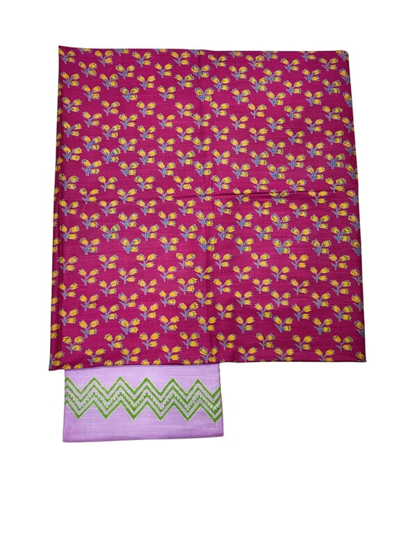 Dark Pink block print katan silk unstitched salwar suit set
