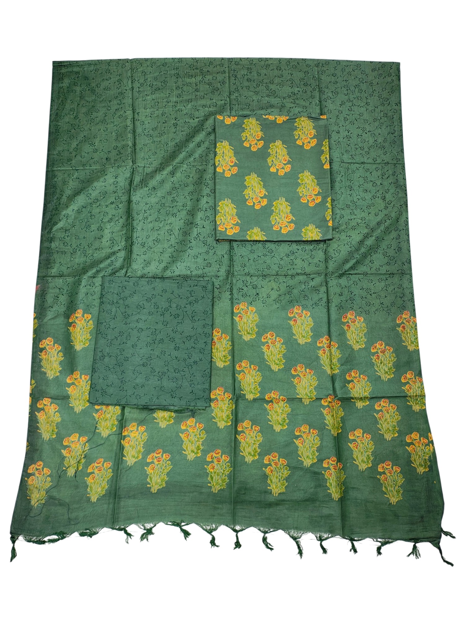 Green Ajrakh Print Cotton Silk Unstitched Suit Set