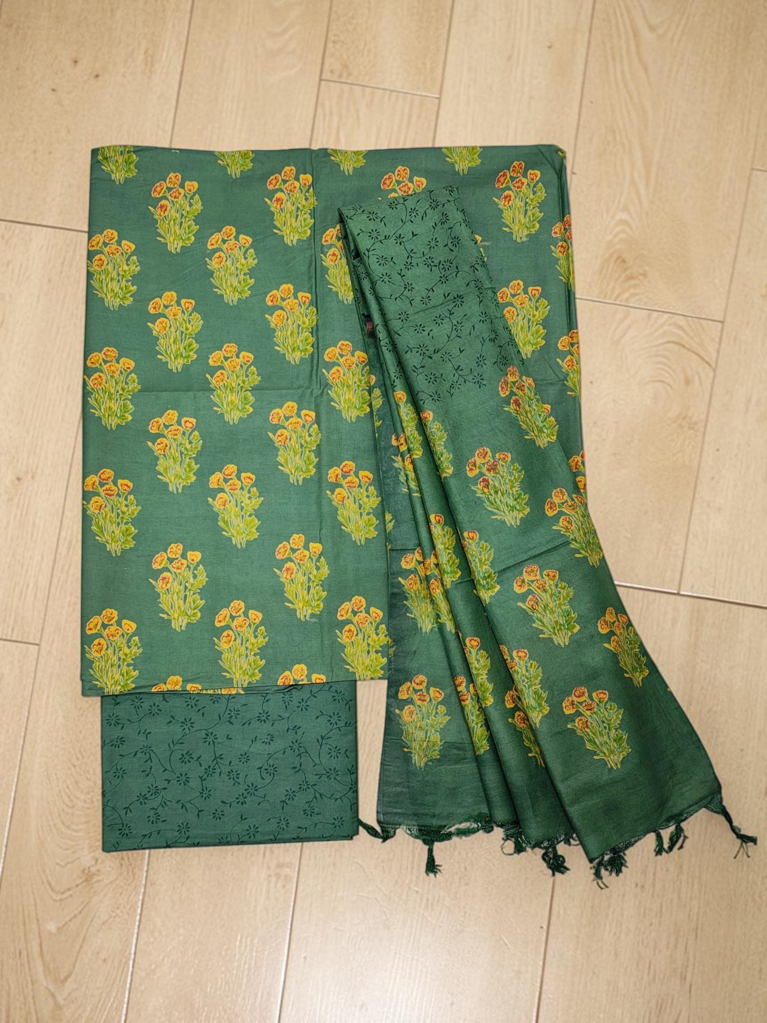 Green Ajrakh Print Cotton Silk Unstitched Suit Set