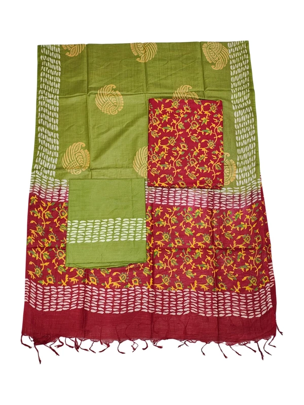 Red & Yellow Unstitched Block Print Silk Salwar Suit Dress Material with Dupatta