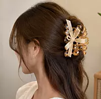 Crystal Floral Bow Hair Clips - Embellished Claw Clips with Ribbon Detail