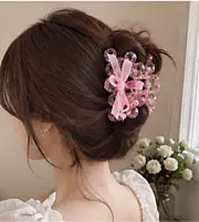 Crystal Floral Bow Hair Clips - Embellished Claw Clips with Ribbon Detail