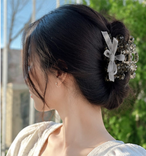 Crystal Floral Bow Hair Clips - Embellished Claw Clips with Ribbon Detail