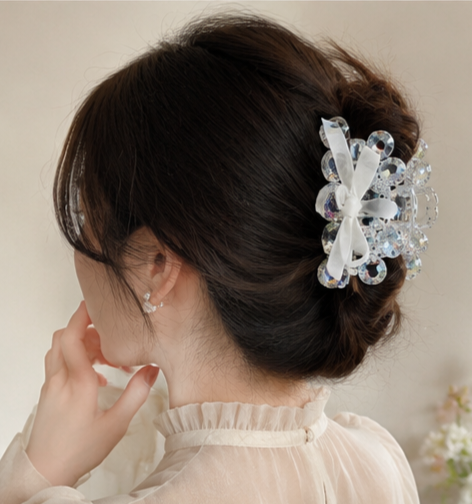 Crystal Floral Bow Hair Clips - Embellished Claw Clips with Ribbon Detail