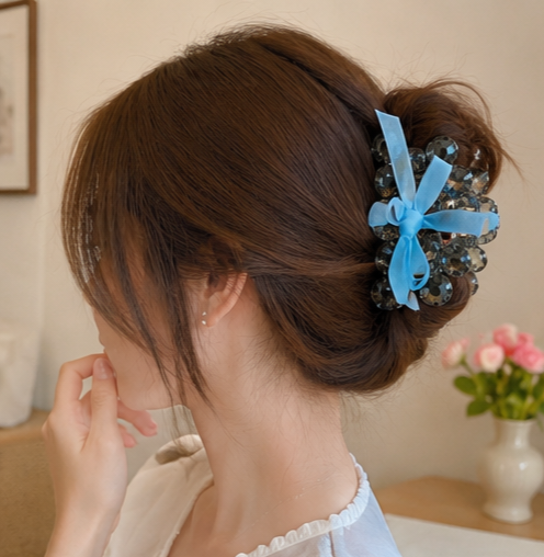Crystal Floral Bow Hair Clips - Embellished Claw Clips with Ribbon Detail