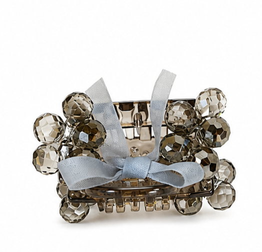 Crystal Floral Bow Hair Clips - Embellished Claw Clips with Ribbon Detail