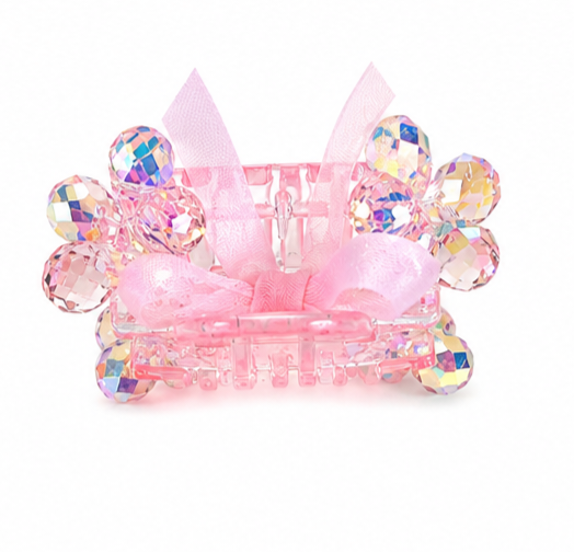 Crystal Floral Bow Hair Clips - Embellished Claw Clips with Ribbon Detail