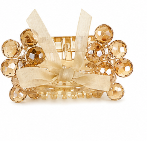 Crystal Floral Bow Hair Clips - Embellished Claw Clips with Ribbon Detail