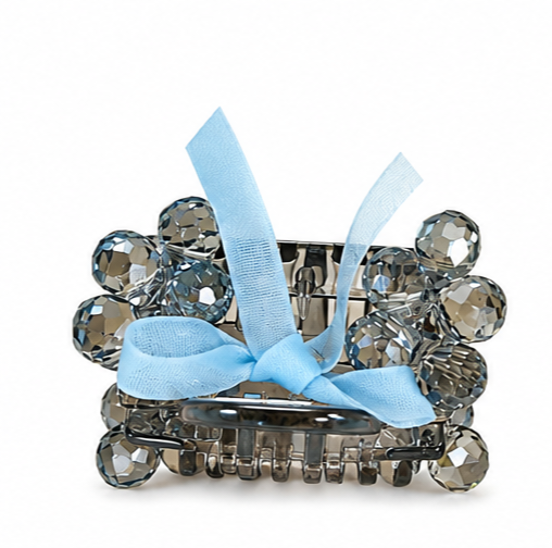 Crystal Floral Bow Hair Clips - Embellished Claw Clips with Ribbon Detail