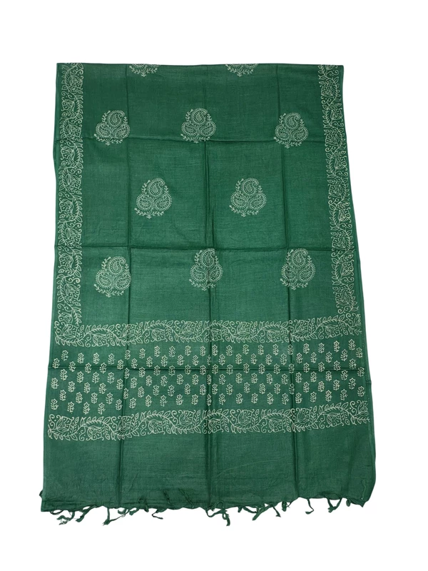 Green Hand Block Print Cotton Dress Materials with Linen Dupatta for Women