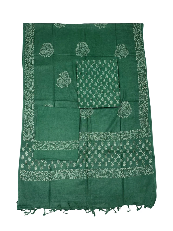 Green Hand Block Print Cotton Dress Materials with Linen Dupatta for Women