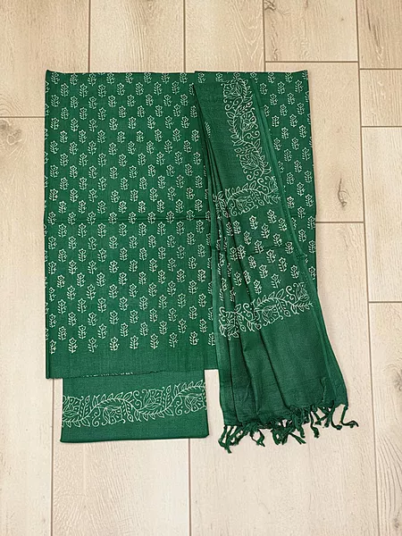 Green Hand Block Print Cotton Dress Materials with Linen Dupatta for Women