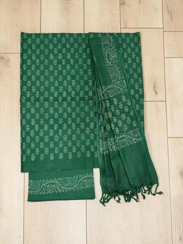 Green Hand Block Print Cotton Dress Materials with Linen Dupatta for Women