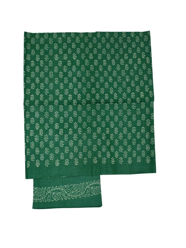 Green Hand Block Print Cotton Dress Materials with Linen Dupatta for Women