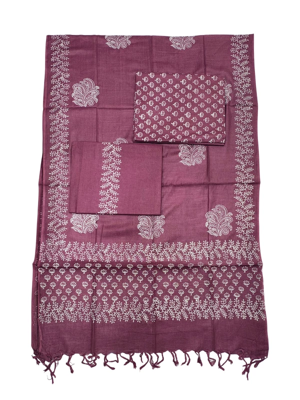 Wine Hand Block Print Cotton Dress Materials with Dupatta for Women