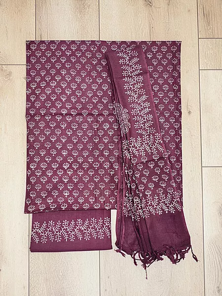 Wine Hand Block Print Cotton Dress Materials with Dupatta for Women