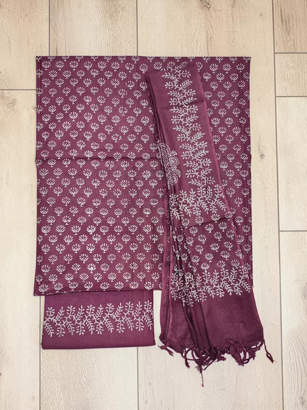 Wine Hand Block Print Cotton Dress Materials with Dupatta for Women