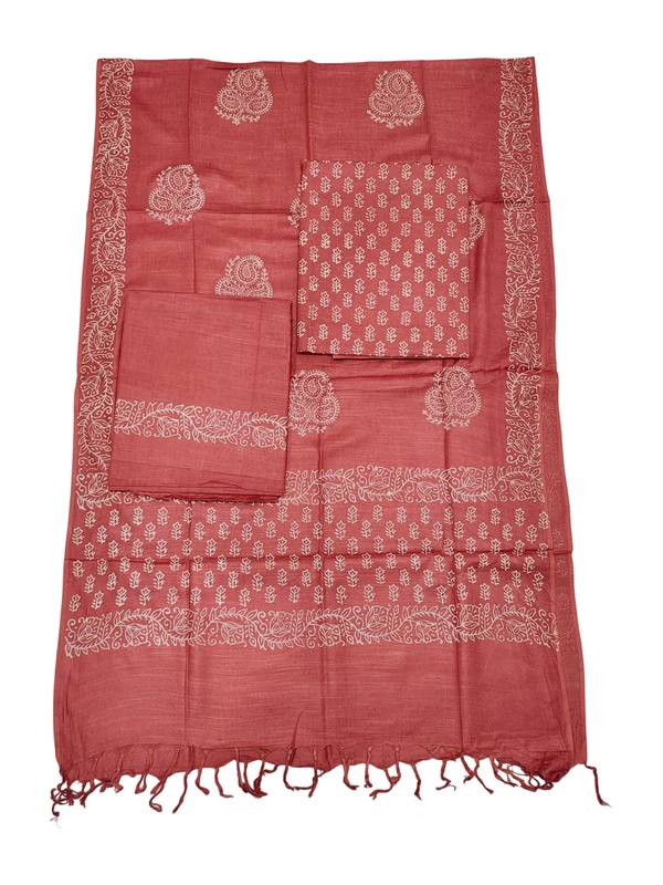 Peach Hand Block Print Cotton Dress Materials with Dupatta for Women