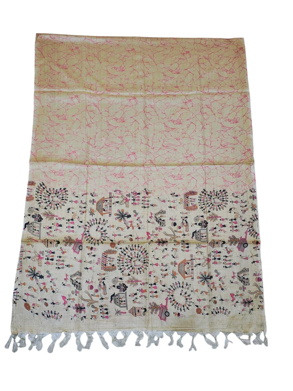 Orange & Pink Madhubani Print Unstitched Katan Silk Salwar Suit with Dupatta