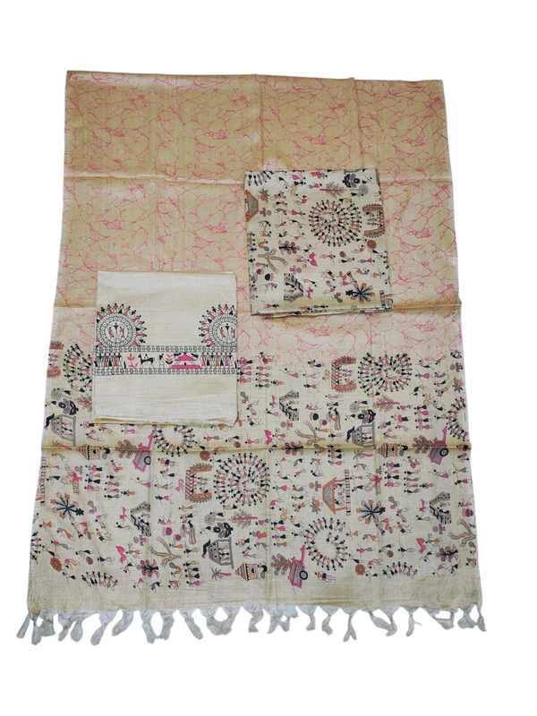 Orange & Pink Madhubani Print Unstitched Katan Silk Salwar Suit with Dupatta