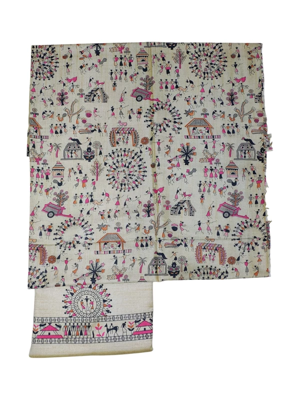 Orange & Pink Madhubani Print Unstitched Katan Silk Salwar Suit with Dupatta