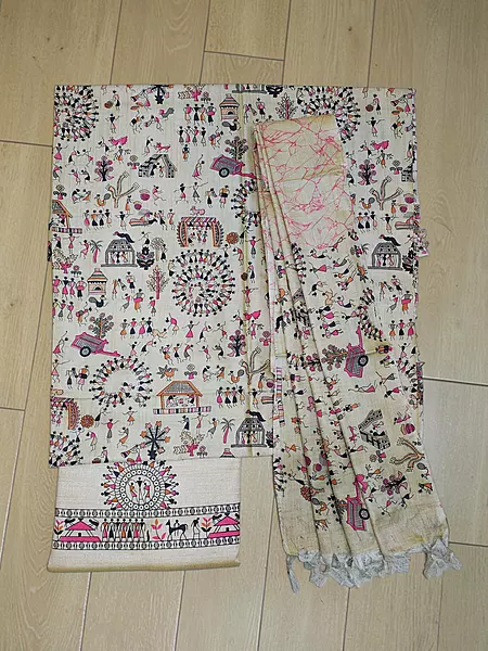 Orange & Pink Madhubani Print Unstitched Katan Silk Salwar Suit with Dupatta