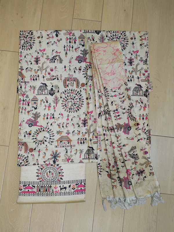 Orange & Pink Madhubani Print Unstitched Katan Silk Salwar Suit with Dupatta