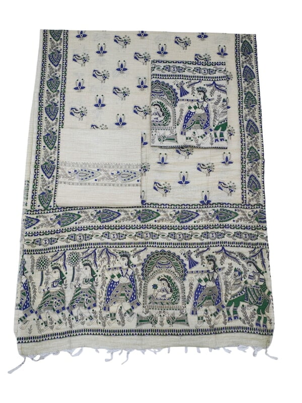 Teal Green Madhubani Print Unstitched Silk Salwar Suit with Dupatta