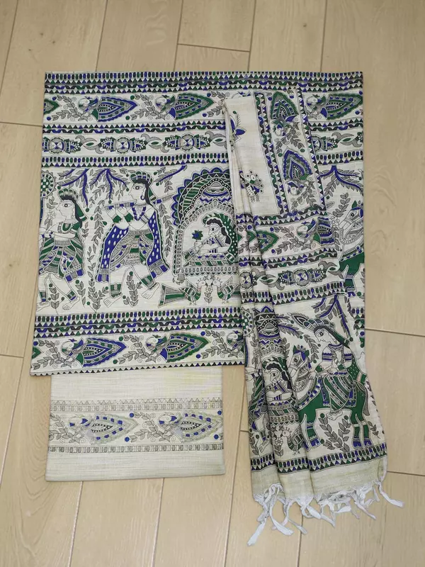 Teal Green Madhubani Print Unstitched Silk Salwar Suit with Dupatta