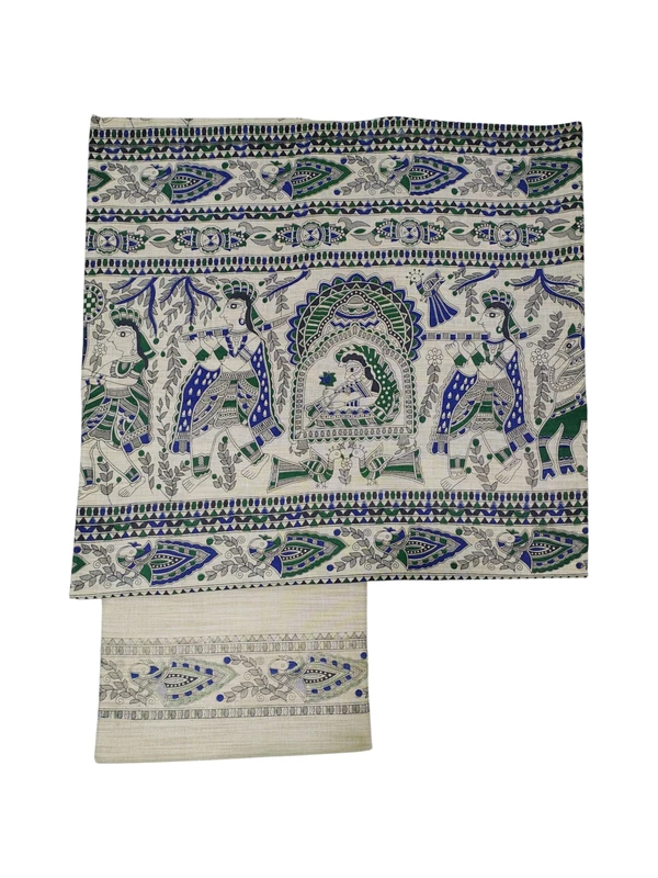 Teal Green Madhubani Print Unstitched Silk Salwar Suit with Dupatta