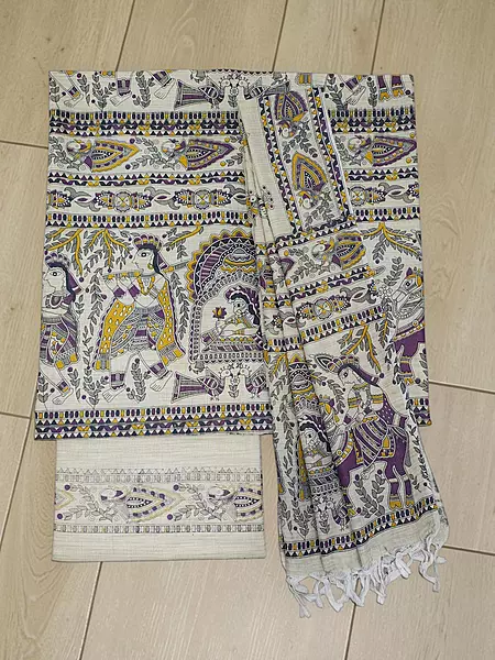 Lavender Madhubani Unstitched Salwar Suit Set with Dupatta for Women