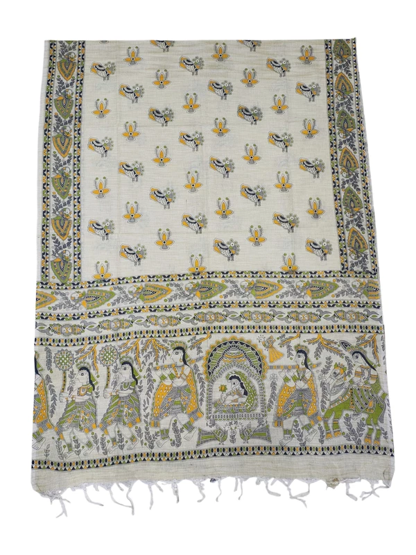 Green & Cream Madhubani Unstitched Cotton Silk Salwar Suit with Dupatta