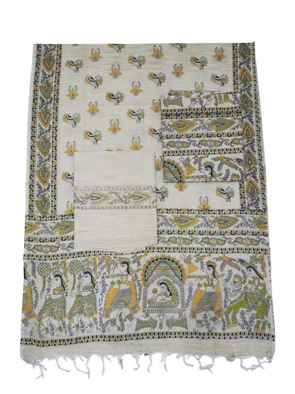 Green & Cream Madhubani Unstitched Cotton Silk Salwar Suit with Dupatta
