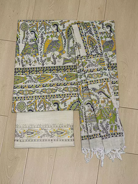 Green & Cream Madhubani Unstitched Cotton Silk Salwar Suit with Dupatta
