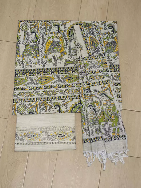 Green & Cream Madhubani Unstitched Cotton Silk Salwar Suit with Dupatta