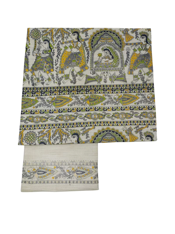 Green & Cream Madhubani Unstitched Cotton Silk Salwar Suit with Dupatta
