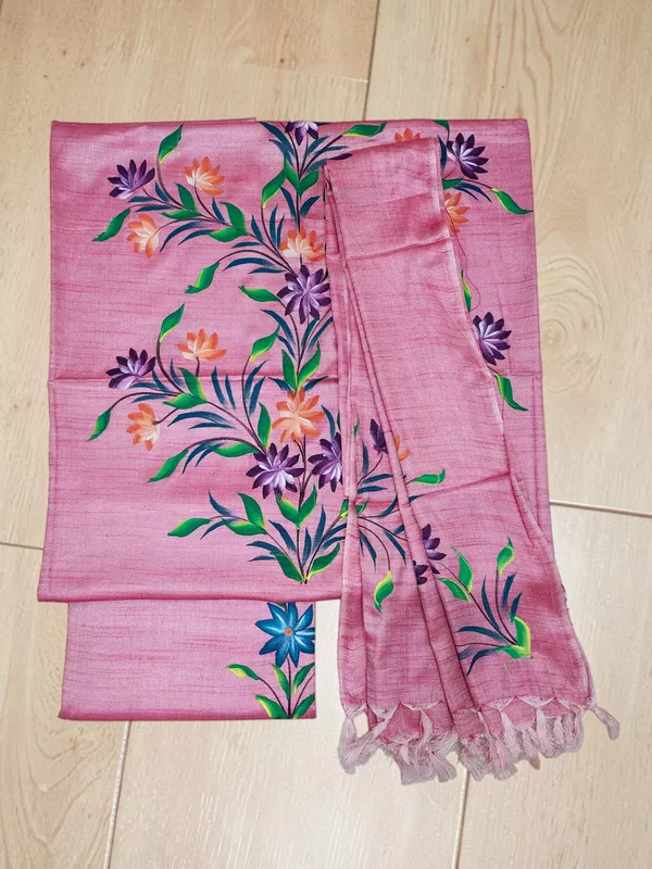 Pink Brush Paint Dupion Silk Dress Material with Dupatta