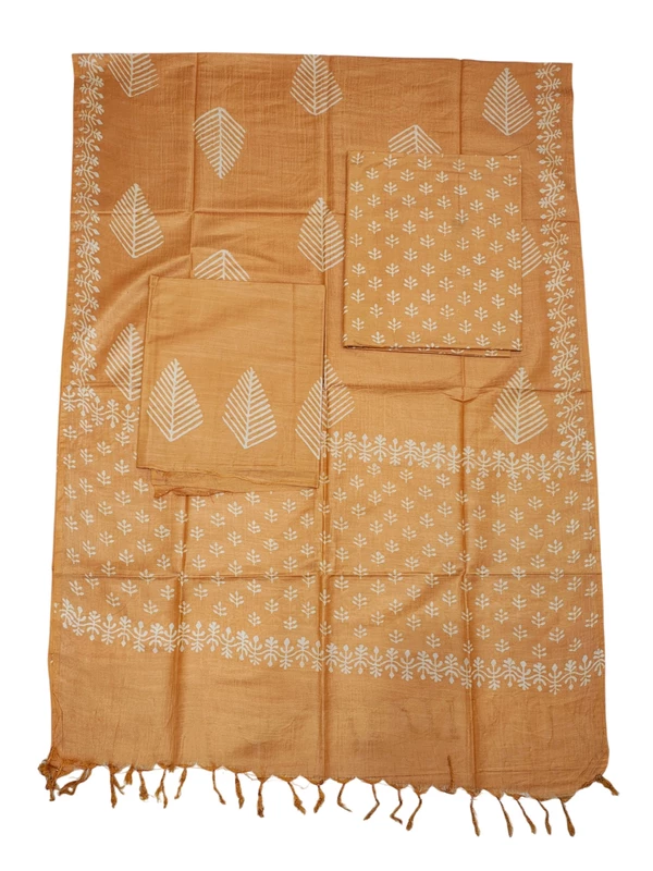 Yellow Unstitched Batik Print Katan Silk Salwar Suit Dress Material with Dupatta