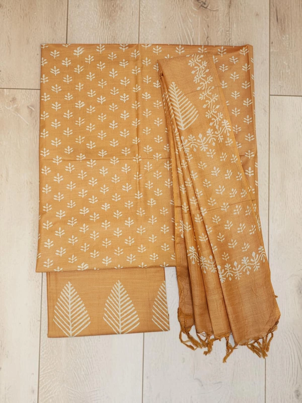 Yellow Unstitched Batik Print Katan Silk Salwar Suit Dress Material with Dupatta