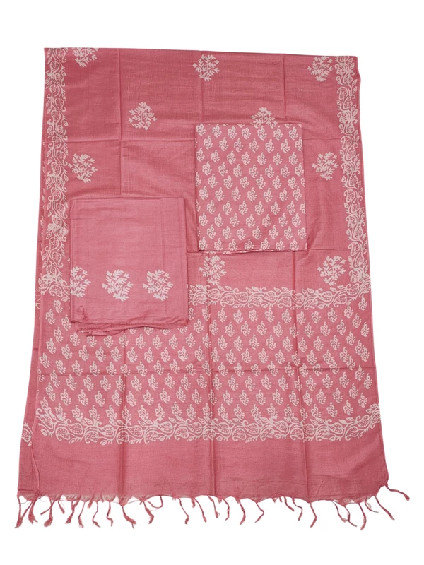 Pink Block Print Bhagalpuri Silk Dress Material with Dupatta