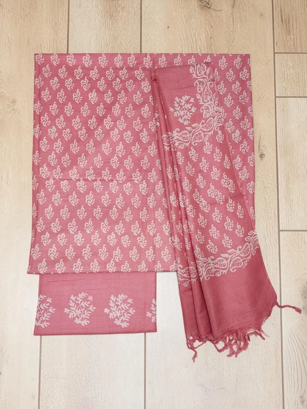Pink Block Print Bhagalpuri Silk Dress Material with Dupatta