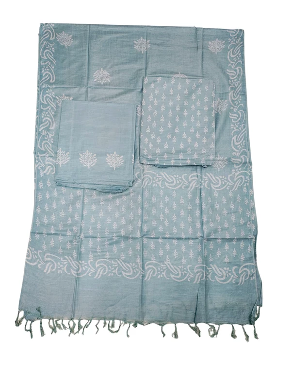 Indigo Block Print Unstitched Silk Salwar Suit Dress Material with Dupatta