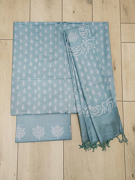 Indigo Block Print Unstitched Silk Salwar Suit Dress Material with Dupatta
