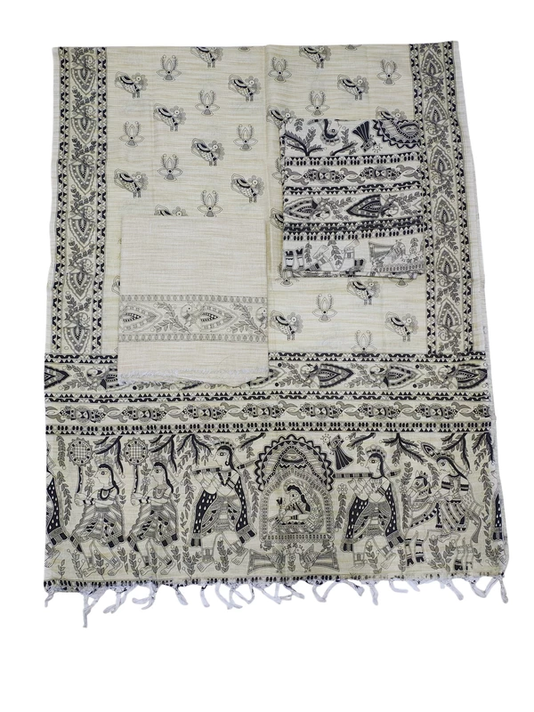 Black Madhubani Print Unstitched Katan Silk Salwar Suit with Dupatta
