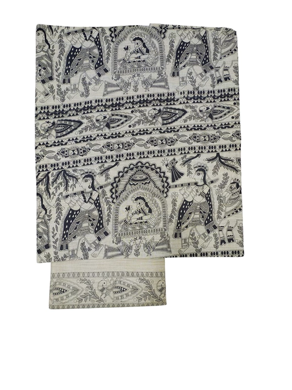 Black Madhubani Print Unstitched Katan Silk Salwar Suit with Dupatta