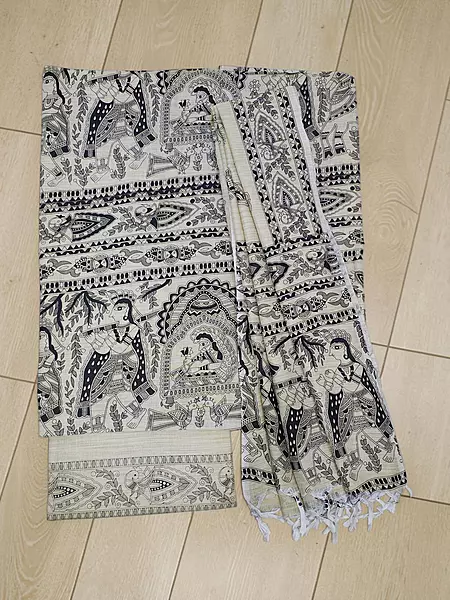 Black Madhubani Print Unstitched Katan Silk Salwar Suit with Dupatta