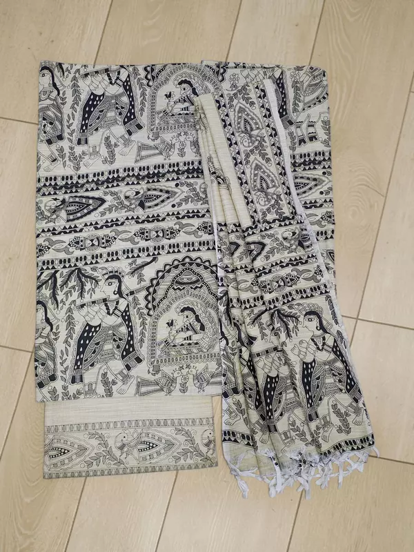 Black Madhubani Print Unstitched Katan Silk Salwar Suit with Dupatta