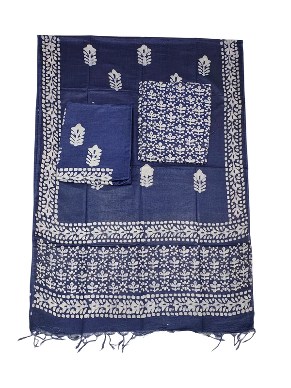 Indigo Unstitched Batik Print Katan Silk Salwar Suit Dress Material with Dupatta