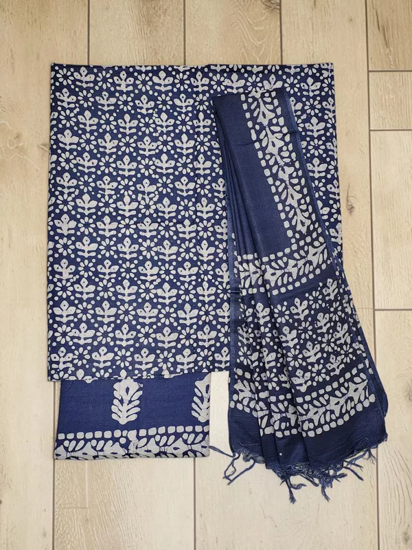 Indigo Unstitched Batik Print Katan Silk Salwar Suit Dress Material with Dupatta